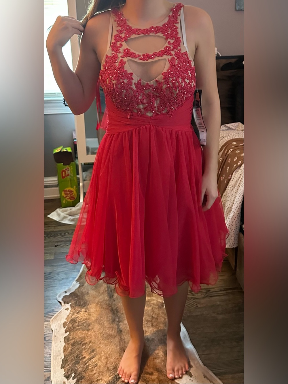Blondie Nites Red Lace Appliqué Tulle Party Dress